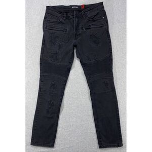 Makobi Jeans Men's 34x29 Black Denim Distressed Skinny Moto Biker Streetwear Zip